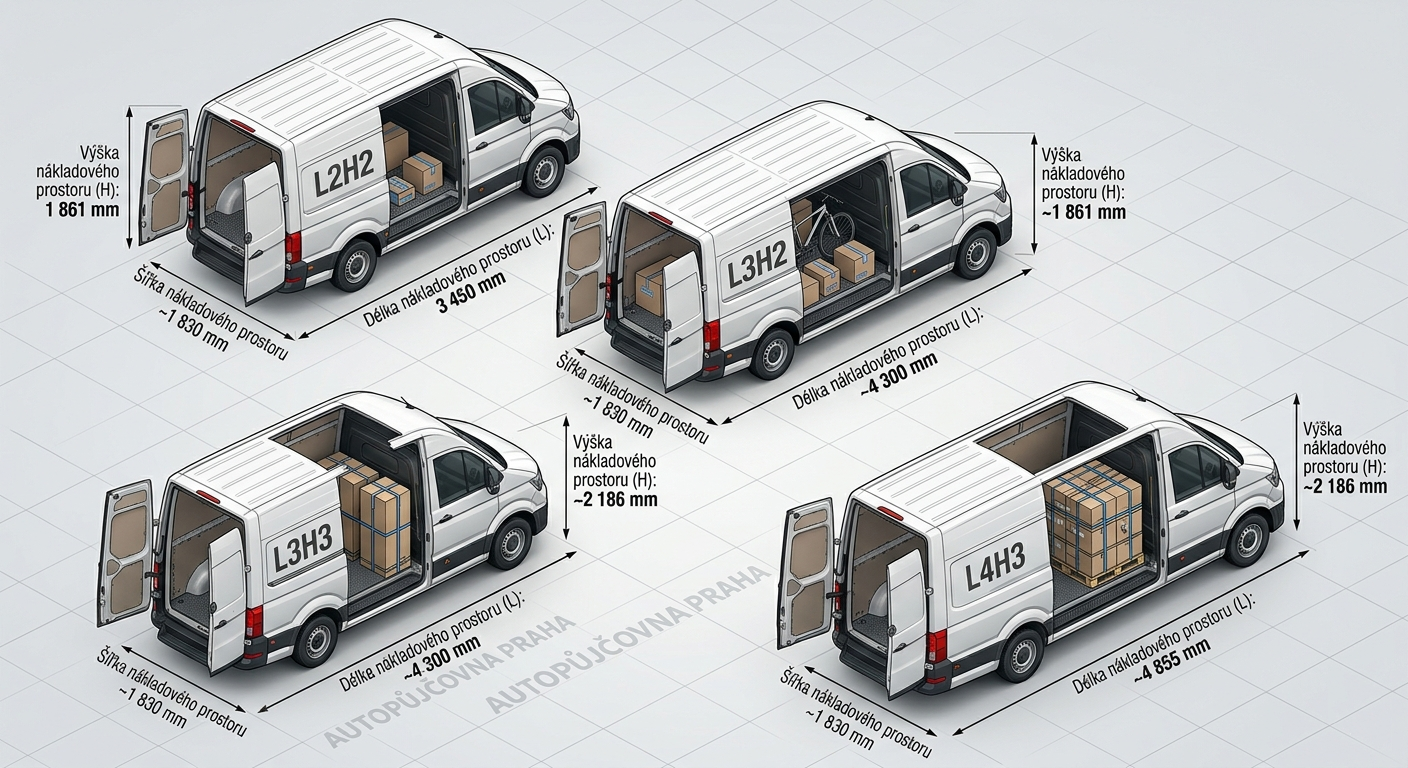 Srovnání velikostí VW Crafter - velkoobjemová dodávka k pronájmu