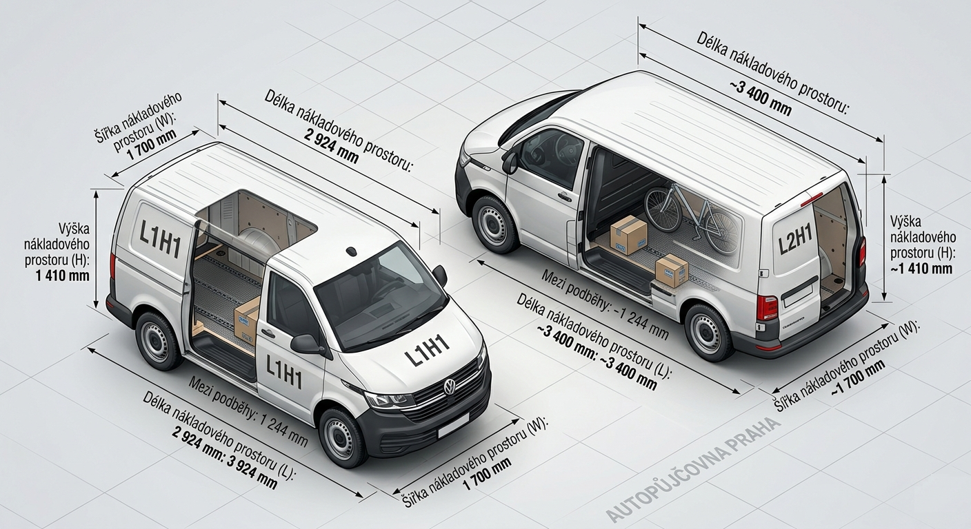 Srovnání velikostí VW Transporter - půjčovna dodávek Praha